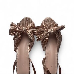 Metallic Pleated Bow Sandal Heel